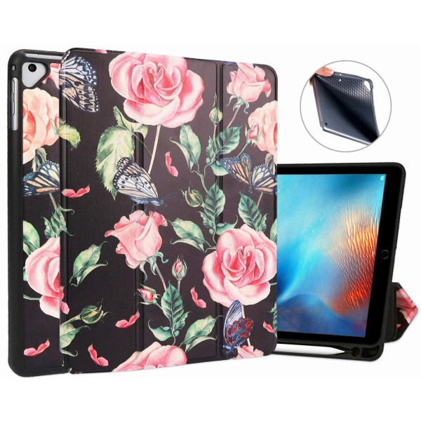 Hekodonk Compatible iPad 6th/5th Generation Case, Trifold Folio Smart Case with Apple Pencil Holder, Auto Sleep/Wake Feature, Soft TPU Back Cover for iPad A1893/A1954/A1822/A1823 9.7 inch-Roses